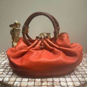 Michael Kors Large Burnt Orange Leather Satchel | Braided Handle Drawstring Bag